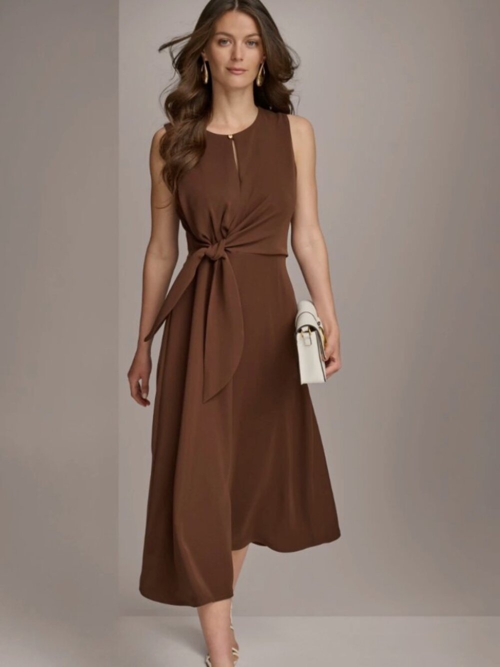 DONNA KARAN Women's Tie-Waist Keyhole Midi Dress Canyon Size 10 NWOT